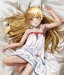  1girl :o aruman bakemonogatari bandaid bandaid_on_pussy bare_shoulders barefoot bed_sheet blonde_hair clenched_hand commentary dress fangs feet foot_out_of_frame from_above highres knee_up long_hair looking_at_viewer monogatari_(series) on_bed oshino_shinobu paid_reward_available painterly petite pointy_ears solo toenails toes vampire variant_set very_long_hair white_dress yellow_eyes 