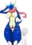  absurd_res anthro biped blue_body blush breasts clothed clothing duo female front_view generation_6_pokemon greninja hi_res human male mammal menyang nintendo nipple_outline pokemon pokemon_(species) red_eyes simple_background skimpy tan_body white_background 