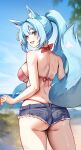  1girl absurdres animal_ear_fluff animal_ears arm_up ass back bare_shoulders beach bikini blue_hair blue_shorts blue_sky blush breasts fox_ears fox_tail foxyreine green_eyes highres large_breasts long_hair looking_at_viewer looking_back open_mouth original pink_bikini shore shorts sister_reine_(foxyrain) sky smile solo swimsuit tail thighs 