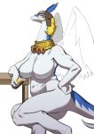  anthro blush breasts clothing crossgender dragon feathered_wings feathers featureless_breasts female hair handwear hi_res hufy926 legendz looking_at_viewer nude shiron simple_background solo white_background white_body wings 