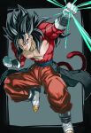  1boy black_hair blue_eyes dougi dragon_ball dragon_ball_heroes earrings fusion gloves grey_background jewelry male_focus monkey_boy monkey_tail muscular muscular_male pectorals potara_earrings red_fur reeya simple_background smile solo spiked_hair super_saiyan super_saiyan_4 tail time_patrol_(dragon_ball) vegetto vegetto_(xeno) white_gloves 