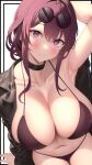  1girl akira_shiun arm_up armpits bikini black_bikini blush breasts choker eyewear_on_head highres honkai:_star_rail honkai_(series) jacket kafka_(honkai:_star_rail) large_breasts looking_at_viewer medium_hair micro_bikini open_clothes open_jacket pince-nez purple_eyes purple_hair round_eyewear simple_background solo swimsuit white_background 