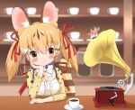  1girl animal_ears bow bowtie brown_eyes brown_hair cafe cat_ears cat_girl coffee coffee_cup cup disposable_cup extra_ears highres kemono_friends kemono_friends_v_project large-spotted_genet_(kemono_friends) long_hair microphone ribbon shin01571 shirt twintails upper_body virtual_youtuber 