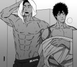  2boys abs balnom bara breath cowboy_shot greyscale large_pectorals locker locker_room looking_to_the_side male_focus monochrome multiple_boys muscular muscular_male navel nipples original pectorals short_hair stomach strongman_waist sweat thick_eyebrows topless_male wiping_sweat 