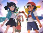  1girl 2boys ash_ketchum baseball_cap black_hair black_jacket blue_eyes blue_jacket blue_sky brown_eyes fuecoco gonzarez grin hair_ornament hairpin hat highres jacket jewelry liko_(pokemon) long_sleeves multiple_boys necklace open_clothes open_jacket pikachu pink_eyes pink_hair poke_ball pokemon pokemon_(anime) pokemon_(creature) pokemon_journeys pokemon_sv_(anime) quaxly roy_(pokemon) shirt short_hair short_sleeves shorts sky smile sprigatito 