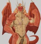  absurd_res anthro armband digital_media_(artwork) dragon gold_underwear hi_res horn looking_at_viewer male multicolored_body muscular nipples sardinecrackers scar shirtless_male solo two_tone_body 