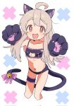  1girl ahoge animal_ears animal_hands cat_cutout cat_ears cat_lingerie cat_paws cat_tail clothing_cutout fang flat_chest hair_between_eyes highres long_hair meme_attire navel onii-chan_wa_oshimai! oyama_mahiro simple_background solo tail thigh_strap tktktktknoko 