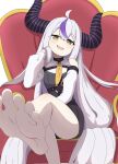  1girl ahoge ascot bare_shoulders barefoot black_horns braid braided_bangs fang feet foot_focus grey_hair hand_on_own_face highres hololive horns kushinobu la+_darknesss la+_darknesss_(1st_costume) multicolored_hair pointy_ears purple_hair sitting streaked_hair striped_horns yellow_eyes 