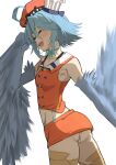  1girl absurdres ahoge bird_legs blue_feathers blue_hair blue_wings blush bow_choker chef_hat choker cosplay feathered_wings feathers green_choker hair_between_eyes harpy hat hh_(hehexd06161704) highres hololive hololive_english monster_girl monster_musume_no_iru_nichijou open_mouth orange_headwear panties pantyshot papi_(monster_musume) short_hair simple_background solo takanashi_kiara takanashi_kiara_(1st_costume) takanashi_kiara_(cosplay) underwear virtual_youtuber winged_arms wings 