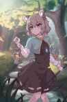 1girl animal_ears black_dress bush dress forest grass grey_hair hedge highres hihi_(cvwv4322) holding holding_lantern holding_weapon lantern looking_to_the_side medium_hair mouse mouse_ears mouse_tail nature nazrin solo stepping_stones sunlight tail touhou tree weapon 