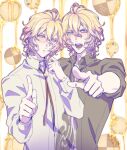  2boys :t black_shirt blonde_hair blush bolo_tie checkerboard_cookie chocolate_chip_cookie collared_shirt cookie cowlick cracker double-parted_bangs dual_persona food food-themed_background furrowed_brow glasses green_eyes hair_between_eyes hand_to_own_mouth honey long_sleeves looking_at_viewer male_focus meromizawa multiple_boys open_collar open_mouth pointing pointing_at_viewer pout shinomiya_natsuki_(uta_no_prince-sama) shinomiya_satsuki shirt short_hair sleeves_rolled_up teeth uneven_eyes upper_body uta_no_prince-sama wavy_hair white_background white_shirt 