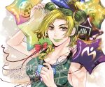  1girl black_hair blonde_hair bow braid bug butterfly cone_hair_bun green_eyes green_hair green_lips hair_bun hand_up highres jojo_no_kimyou_na_bouken kujo_jolyne ladybug mikan03260 multicolored_hair red_stone_of_aja solo spider_web_print star-shaped_balloon stone_mask stone_ocean two-tone_hair 