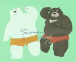  2023 anthro bear belly biped bottomwear brown_body clothing duo green_body hi_res kemono male mammal moobs nipples overweight overweight_male polar_bear pommn_mn shorts swimwear ursine white_body 