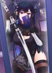  1girl 2b_(nier:automata) 2b_(nier:automata)_(cosplay) absurdres angruoxin asymmetrical_horns black_dress black_gloves black_hair black_thighhighs blue_hair breasts cellphone cleavage cleavage_cutout clothing_cutout colored_inner_hair cosplay demon_horns dress gloves hair_ornament highres holding holding_phone hololive hololive_english horns juliet_sleeves katana kneeling large_breasts long_hair long_sleeves mole mole_under_eye multicolored_hair naruto_(series) naruto_shippuuden nerissa_ravencroft nier:automata nier_(series) phone planted planted_sword poster_(object) puffy_sleeves red_eyes selfie smartphone solo sword taking_picture thighhighs two-tone_hair uneven_horns uzumaki_naruto very_long_hair virtual_youtuber weapon 