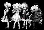  4girls :d :o antenna_hair black_background black_bow black_dress black_eyes black_flower black_footwear black_ribbon black_rose bow colored_skin dress flower full_body greyscale hair_bow highres holding holding_stuffed_toy meyou_0319 monochrome multiple_girls multiple_hair_bows open_mouth original red_flower red_rose ribbon rose short_hair smile stuffed_animal stuffed_toy very_short_hair white_bow white_dress white_hair white_skin 