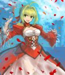  1girl ahoge blonde_hair blush breasts cleavage cleavage_cutout clothing_cutout commentary_request confetti cowboy_shot dress epaulettes fate/extra fate_(series) green_eyes hair_intakes hair_ribbon juliet_sleeves long_sleeves looking_at_viewer medium_breasts mogukk nero_claudius_(fate) nero_claudius_(fate/extra) open_mouth puffy_sleeves red_dress red_ribbon ribbon short_hair smile solo two-tone_dress white_dress 