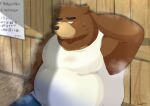  2023 absurd_res anthro bear belly big_belly black_nose blush brown_body clothing hi_res juuichi_mikazuki kemono kumatoron male mammal morenatsu musk overweight overweight_male shirt sitting solo topwear 