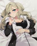 1girl ariko_youichi black_jacket blonde_hair blue_eyes blush breasts cleavage collarbone commission hood hoodie jacket long_hair lying on_back on_bed open_clothes open_jacket parted_lips partially_unzipped persona persona_5 pink_nails skeb_commission sleeves_rolled_up solo swept_bangs takamaki_anne twintails white_hoodie 