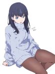  1girl :d alternate_costume black_hair blue_eyes brown_pantyhose cable_knit dated grey_sweater gridman_universe highres invisible_chair long_hair long_sleeves looking_at_viewer pantyhose signature sitnon sitting sleeves_past_wrists smile solo ssss.gridman sweater takarada_rikka thighs white_background 