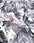  1girl breasts cleavage detached_collar dress elbow_gloves floating_hair_ornament gloves grey_theme highres long_hair luna_(punishing:_gray_raven) orange_eyes parted_lips punishing:_gray_raven small_breasts white_dress white_gloves yongsadragon 