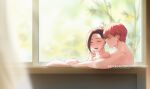  1boy 1girl bathtub black_hair blurry blurry_background blurry_foreground boku_no_hero_academia burn_scar chocorut completely_nude english_commentary hair_pulled_back hand_up highres indoors laughing lying mixed_bathing nude patreon_username ponytail red_hair scar scar_on_face smile teeth todoroki_shouto upper_teeth_only yaoyorozu_momo 