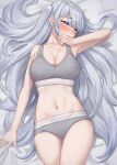  1girl absurdres bare_shoulders blush bra breasts cleavage fuyutsuki_(kancolle) grey_eyes grey_sports_bra hair_between_eyes highres kantai_collection kiritto large_breasts long_hair midriff navel on_bed one_side_up open_mouth panties solo sports_bra two-tone_sports_bra underwear white_hair 