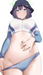  1girl absurdres arind_yudha bikini_pull blue_archive blush breasts bucket_hat clothes_pull from_below groin halo hat highres long_sleeves looking_at_viewer medium_breasts navel purple_hair rash_guard saki_(blue_archive) simple_background solo stomach white_background 