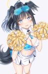  1girl absurdres animal_ears black_hair blue_archive blue_eyes breasts character_name cheerleader cleavage commentary_request detached_collar dog_ears dog_girl dog_tail embarrassed eyewear_on_head from_above halo hibiki_(blue_archive) hibiki_(cheer_squad)_(blue_archive) highres holding holding_pom_poms leaning_forward long_hair looking_at_viewer looking_up medium_breasts millennium_cheerleader_outfit_(blue_archive) miniskirt navel official_alternate_costume official_alternate_hairstyle ojyomu parted_lips pleated_skirt pom_pom_(cheerleading) ponytail sidelocks simple_background skirt sleeveless solo standing standing_on_one_leg stomach sunglasses tail white_background white_skirt 