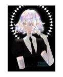  1other androgynous bangs black_shirt bob_cut collared_shirt colored_eyelashes crystal_hair diamond_(houseki_no_kuni) elbow_gloves framed gem_uniform_(houseki_no_kuni) gloves glowing glowing_hair high_collar highres houseki_no_kuni looking_to_the_side multicolored_hair necktie other_focus parted_lips puffy_short_sleeves puffy_sleeves shirt short_hair short_sleeves solo ttsukixangry white_gloves white_shirt wing_collar 