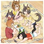  5girls aged_down air_groove_(umamusume) asuka_(junerabitts) barefoot black_hair blue_eyes blue_ribbon blue_shorts brown_eyes brown_hair character_name collarbone ears_through_headwear hair_ornament hair_ribbon hairclip jungle_pocket_(umamusume) multiple_girls north_flight_(umamusume) ponytail red_shirt ribbon shirt short_hair short_sleeves shorts sleeveless sleeveless_shirt tail tail_through_clothes toni_bianca_(umamusume) tosen_jordan_(umamusume) umamusume umamusume:_cinderella_gray white_shorts winning_ticket_(umamusume) yellow_eyes yellow_shirt 