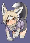  1girl animal_ears bow bowtie brown_eyes cardigan elbow_gloves extra_ears fox_ears fox_girl fox_tail gloves grey_hair highres kemono_friends kneehighs looking_at_viewer purple_background rinx rueppell&#039;s_fox_(kemono_friends) shirt short_hair simple_background skirt socks solo tail 