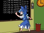  1girl arms_up bart_simpson blue_bow blue_dress blue_eyes blue_hair bow chalkboard cirno commentary_request dress electrical_outlet full_body ice ice_wings kamishirasawa_keine kasuya_baian legs_apart parody profile short_hair short_sleeves solo standing the_simpsons touhou wings 