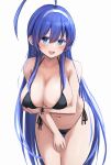 1girl :d ahoge arm_under_breasts bare_arms bare_shoulders bikini black_bikini blue_eyes blue_hair blush breast_hold breasts cleavage cowboy_shot front-tie_bikini_top front-tie_top hair_between_eyes hairband highres huge_ahoge large_breasts leaning_forward legs_together long_hair looking_at_viewer navel open_mouth orie_(under_night_in-birth) side-tie_bikini_bottom simple_background smile solo standing straight_hair string_bikini swimsuit tabii teeth under_night_in-birth upper_teeth_only very_long_hair white_background white_hairband 