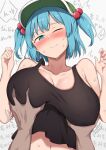 !? 1boy 1girl absurdres black_tank_top blue_eyes blue_hair blush breasts cleavage commentary_request flat_cap green_headwear groping hair_bobbles hair_ornament hat highres kawashiro_nitori large_breasts looking_at_viewer nagomian navel one_eye_closed open_mouth pov pov_hands short_hair solo_focus sweat tank_top teeth touhou translation_request two_side_up upper_body upper_teeth_only white_background 