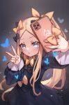  1girl abigail_williams_(fate) black_bow black_dress blonde_hair blue_eyes blush bow breasts cellphone commentary dress fate/grand_order fate_(series) forehead hair_bow highres long_hair long_sleeves looking_at_viewer miya_(miyaruta) open_mouth orange_bow parted_bangs phone ponytail ribbed_dress sidelocks small_breasts solo v 