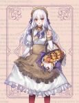  1girl aytk_erabareta basket blush checkerboard_cookie chestnut_mouth cookie fire_emblem fire_emblem:_three_houses fire_emblem_heroes food juliet_sleeves long_hair long_sleeves lysithea_von_ordelia lysithea_von_ordelia_(tea_party) maid official_alternate_costume official_alternate_hairstyle open_mouth puffy_sleeves red_eyes solo white_hair 