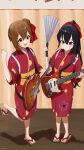  2girls :d black_hair brown_eyes brown_hair clog_sandals closed_mouth commentary_request electric_guitar floral_print full_body guitar hair_between_eyes hair_bun hair_ribbon hand_fan hand_up highres hirasawa_yui holding holding_fan holding_instrument instrument japanese_clothes k-on! kimono leg_up long_hair multiple_girls nakano_azusa omochiarts open_mouth ponytail red_kimono red_ribbon ribbon short_hair sidelocks single_hair_bun smile standing 