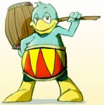  anthro ayato beak blue_body blue_feathers brown_eyes clothed clothing detailed_background feathers fur gradient_background half-closed_eyes hammer king_dedede kirby_(series) male narrowed_eyes nintendo shadow simple_background solo tools topless white_background wooden_mallet yellow_background yellow_beak 