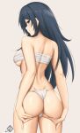  1girl arcie_albano ass ass_focus ass_grab black_hair blue_eyes blush closed_mouth commentary english_commentary from_behind fundoshi grabbing_own_ass highres japanese_clothes long_hair original sarashi simple_background smile standing white_background 