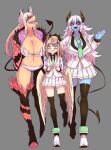  3girls ahoge angel angel_and_devil angel_wings aohada_bocchi black_footwear black_horns black_sclera black_shirt black_tail blonde_hair breasts cleavage colored_sclera colored_skin colorized demon_horns demon_tail feathered_wings fur_trim green_eyes green_necktie grey_background gyaru hand_on_another&#039;s_shoulder head_wings highres horns jacket large_breasts lian_(aohada_bocchi) limited_palette long_hair multiple_girls necktie pointy_ears revealing_clothes ruri_(aohada_bocchi) school_uniform sera_(aohada_bocchi) sharp_teeth shirt smile tail teeth white_footwear white_hair white_horns wings zyugoya 