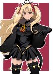  1girl absurdres black_cape black_dress black_gloves black_thighhighs blonde_hair blush border cape closed_mouth commentary_request dark-skinned_female dark_skin dress ereshkigal_(fate) ereshkigal_alter_(fate) fate/grand_order fate_(series) fur-trimmed_cape fur_trim gloves hair_ribbon highres long_hair long_sleeves looking_at_viewer outside_border parted_bangs red_background red_eyes red_ribbon ribbon simple_background solo tanuki_(siutkm0228) thighhighs two_side_up very_long_hair white_border 