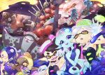  5boys 6+girls armpits big_man_(splatoon) callie_(splatoon) company_connection concert crossover dress evan_(the_legend_of_zelda) fangs frye_(splatoon) gloves highres holding holding_instrument instrument japas kandori_makoto looking_at_viewer lulu_(the_legend_of_zelda) marie_(splatoon) marina_(splatoon) multiple_boys multiple_girls open_mouth pearl_(splatoon) pointy_ears shiver_(splatoon) smile splatoon_(series) splatoon_1 splatoon_2 splatoon_3 stage symbol-shaped_pupils the_legend_of_zelda the_legend_of_zelda:_majora&#039;s_mask white_gloves zora 