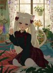  1girl absurdres animal_ear_fluff animal_ears between_legs black_shirt bow bowtie cat_ears cat_girl cat_tail collared_shirt commentary_request dress extra_ears fang full_body hair_ribbon hand_between_legs highres indoors kgt_(pixiv12957613) long_hair long_sleeves looking_at_viewer medium_dress no_shoes open_mouth original pinafore_dress plaid plaid_bow plaid_bowtie plaid_dress pleated_dress puffy_long_sleeves puffy_sleeves purple_eyes red_bow red_bowtie red_dress red_ribbon ribbon shirt sitting sleeveless sleeveless_dress solo tail thighhighs twintails white_hair white_thighhighs yokozuwari 