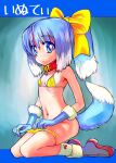  1girl absurdres animal_collar bare_shoulders bikini bikini_pull blue_eyes blue_gloves blue_hair blue_tail bow breasts character_name cherry_print cleavage closed_mouth clothes_pull collar dog_girl dog_tail fang fang_out food_print full_body fur-trimmed_gloves fur_trim gloves hair_between_eyes hair_bow highres inu-t kneeling light_blue_hair long_hair midriff multicolored_tail navel nt-tan os-tan ponytail red_collar small_breasts smile socks solo swimsuit tail tail_raised tsukiyono_aroe white_tail yellow_bikini yellow_bow 