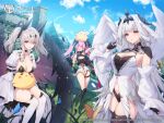  3girls animal azur_lane bird blue_sky boots breasts c.honey character_request cleavage closed_eyes cloud cloudy_sky commentary_request company_connection company_name copyright_name day detached_sleeves feathered_wings fingerless_gloves gloves grass hair_ornament hand_up highres knee_boots la_galissonniere_(azur_lane) logo long_hair looking_at_viewer manjuu_(azur_lane) marseillaise_(azur_lane) medium_breasts multiple_girls navel official_art open_mouth outdoors panties pink_hair puffy_sleeves purple_eyes red_eyes sidelocks sitting sky smile sparkle stomach thigh_strap thighhighs tiara twintails underwear white_hair wings 