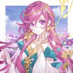  1girl artist_request bare_shoulders blue_sky border closed_mouth cloud douluo_dalu dress flower green_sash hair_flower hair_ornament hand_up long_hair long_sleeves looking_at_viewer ning_rongrong_(douluo_dalu) purple_eyes purple_flower purple_hair sash sky smile solo third-party_source upper_body white_border white_dress 