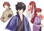  1girl 2boys absurdres akechi_gorou alternate_hair_length alternate_hairstyle amamiya_ren black_hair brown_hair closed_mouth hair_between_eyes hair_down highres japanese_clothes kimono long_hair long_sleeves multiple_boys official_alternate_hairstyle persona persona_5 persona_5_the_royal ponytail red_eyes red_hair sash smile tsubsa_syaoin wide_sleeves yoshizawa_kasumi yoshizawa_sumire 