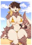  anthro big_breasts bikini breasts brown_body brown_fur brown_hair canid canine canis clothed clothing cloud domestic_dog female front_view fur hair hi_res mammal micro_bikini nipple_outline nyufluff sitting skimpy sky smile solo swimwear thick_thighs white_body white_fur 