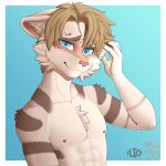  absurd_res anthro bangs blush chest_tuft felid flicklock hi_res male mammal markings nervous nervous_smile nipples parted_bangs solo tuft 