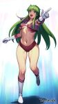 1girl arm_up artist_name ass_visible_through_thighs blue_eyes boots breasts gloves green_hair leg_up legs long_hair midriff navel open_mouth outstretched_arm pointing red_shirt reika_(time_gal) retorabi00 shirt short_shorts shorts smile solo standing standing_on_one_leg thighs time_gal white_footwear white_gloves 